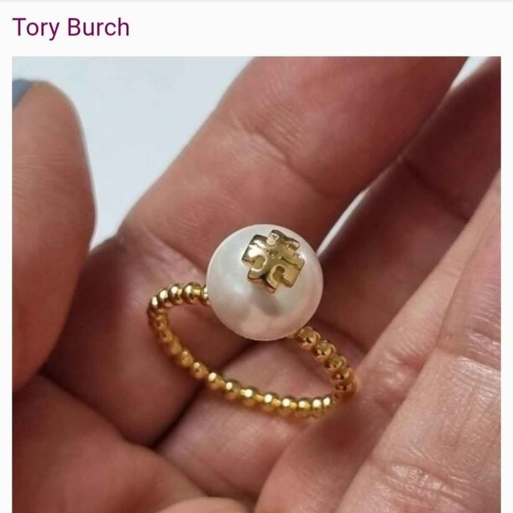 Tory Burch Gold Beaded Ring with Pearl Accent